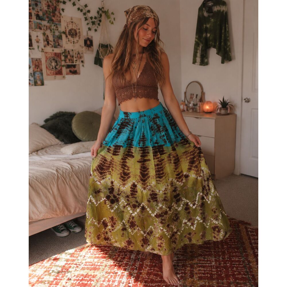 Y2K Festival Bohemian Feminine Tie Die 100% Cotton Boho Hippie Midi Skirt